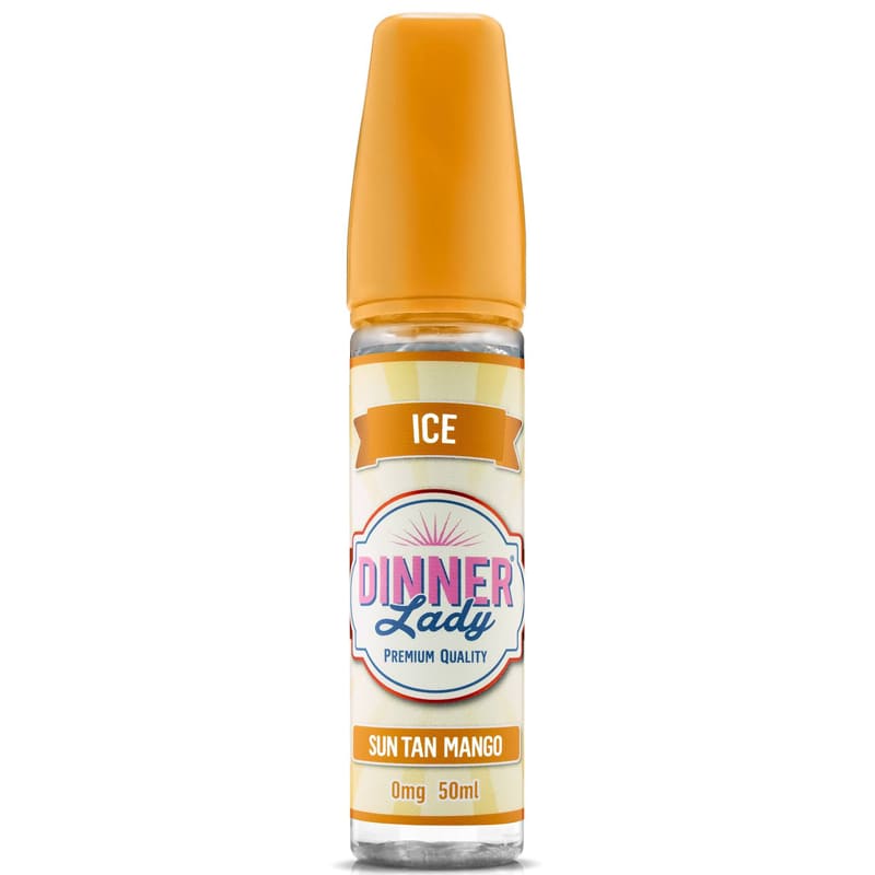 Flacon de 50ml d'e-liquide Sun Tan Mango Ice Dinner Lady avec bouchon orange et étiquette vintage aux tons mangue.
