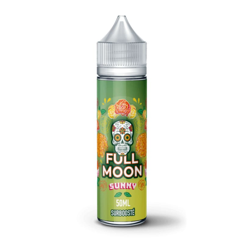 Flacon de 50ml d'e-liquide Sunny Full Moon avec étiquette verte, motif de tête de mort mexicaine et fleurs colorées.