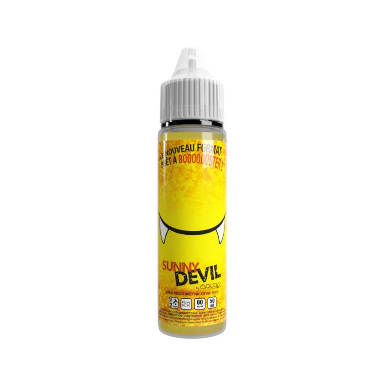 Flacon 50ml de e-liquide Sunny Devil AVAP, étiquette jaune avec crocs de diable, bouchon blanc et embout pipette.