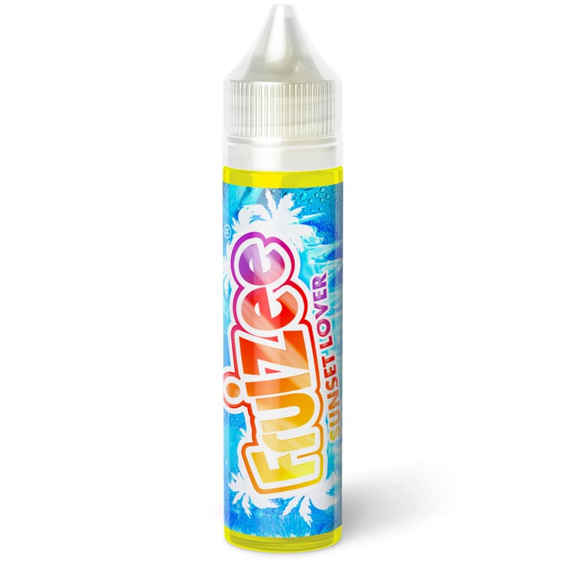 Flacon de 50ml d'e-liquide Fruizee Sunset Lover avec étiquette bleue tropicale, logo coloré et bouchon transparent.