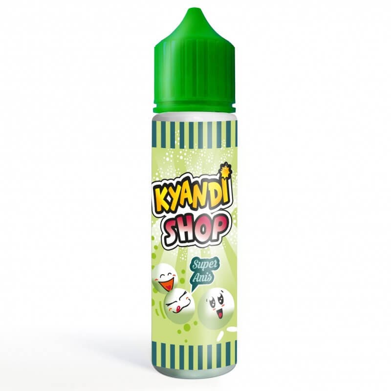 Flacon de 50 ml Kyandi Shop Super Anis avec bouchon vert, étiquette à rayures et illustrations de bonbons souriants.