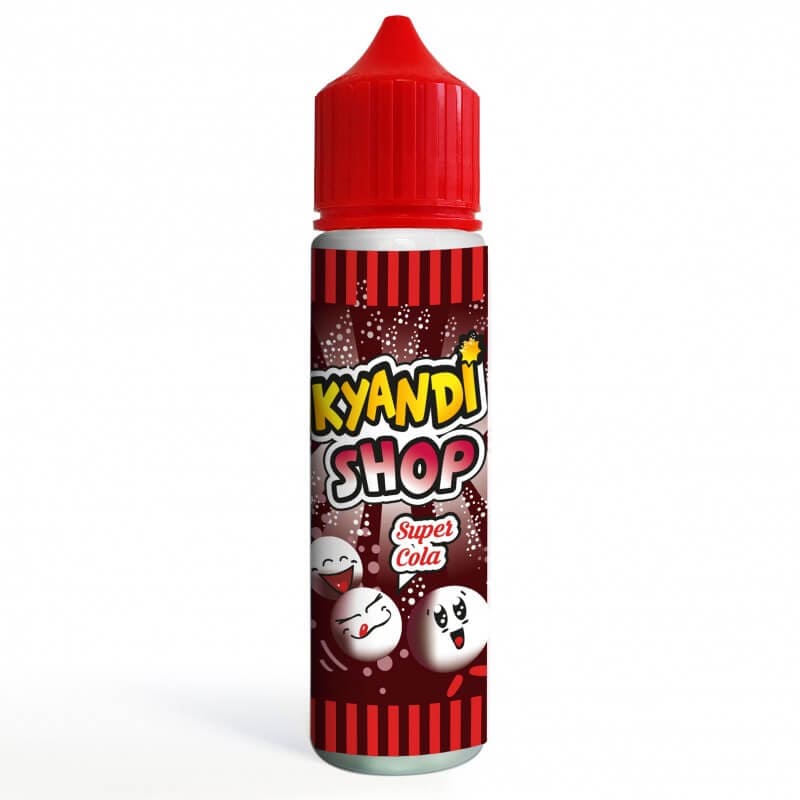 Flacon de 50ml Kyandi Shop Super Cola avec bouchon rouge et étiquette illustrée de bonbons sur fond rayé rouge et noir.