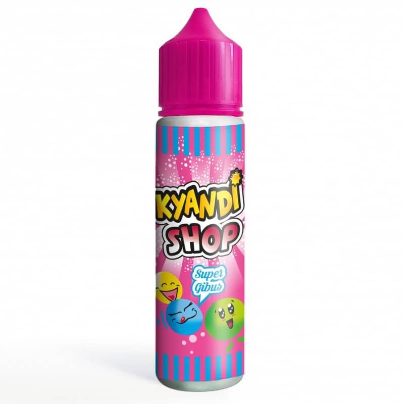 Flacon de 50ml Super Gibus Kyandi Shop avec bouchon rose, étiquette colorée à motifs de bonbons et visages souriants.