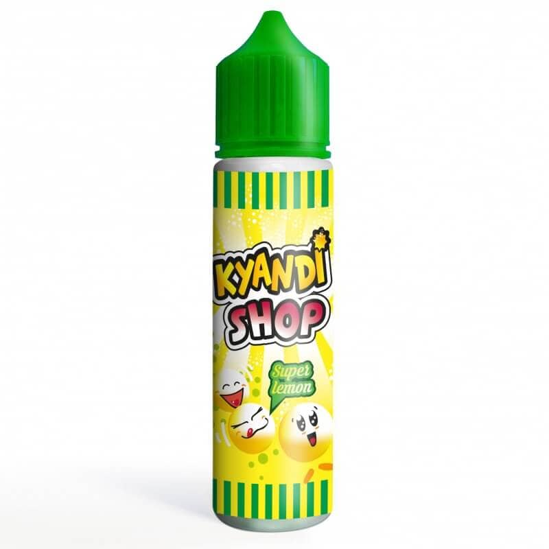 Flacon de 50ml d'e-liquide Kyandi Shop Super Lemon avec bouchon vert et étiquette jaune illustrée de bonbons souriants.