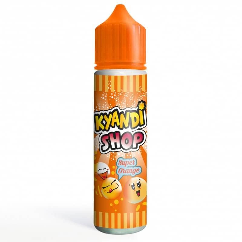 Flacon de 50ml d'e-liquide Super Orange Kyandi Shop avec bouchon orange et étiquette illustrée de bonbons souriants.