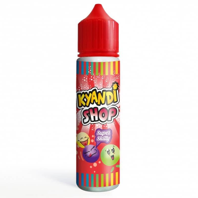 Flacon de 50ml d'e-liquide Super Skitty Kyandi Shop avec bouchon rouge et étiquette colorée aux motifs de bonbons acidulés.
