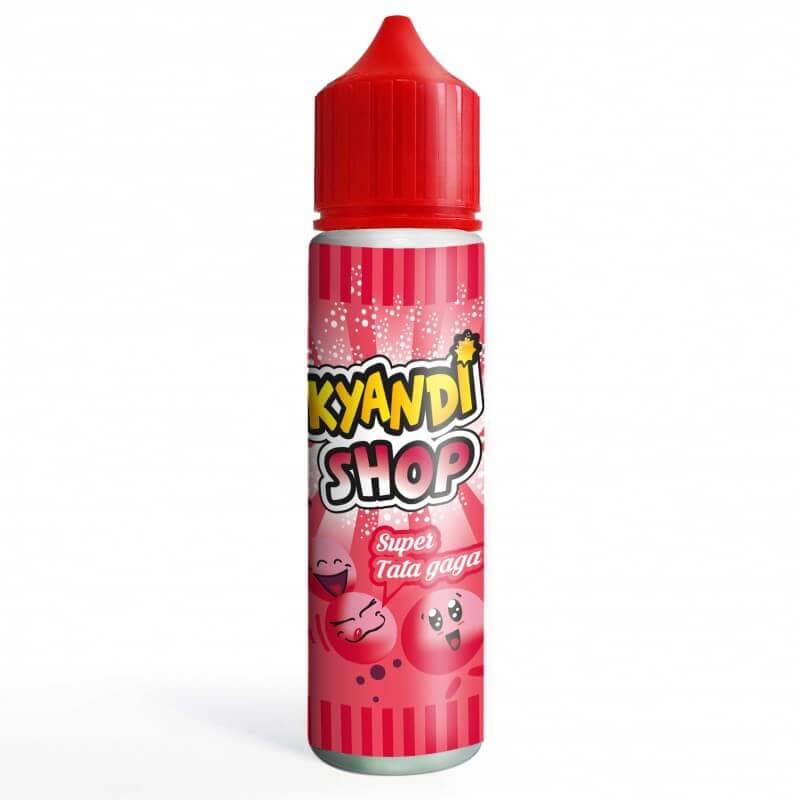Flacon de 50ml d'e-liquide Super Tata Gaga Kyandi Shop avec bouchon rouge et étiquette rose illustrée de bonbons fraise.
