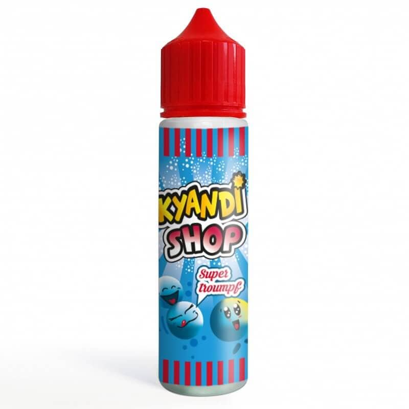 Flacon 50ml de e-liquide Super Troumpf Kyandi Shop, étiquette bleue à motifs bonbons avec bouchon rouge vif.