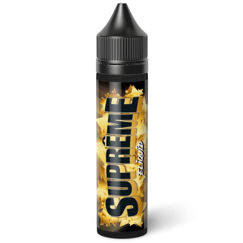 Flacon de 50ml E-liquide Suprême Eliquid France avec étiquette noire et étoiles dorées, bouchon noir sécurité enfant.
