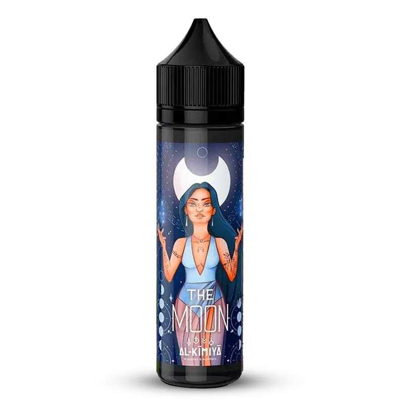 Flacon de 50ml Al-Kimiya The Moon avec étiquette illustrée d'une femme sous une lune bleue et bouchon noir.