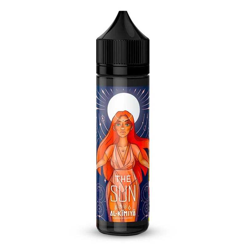 Flacon de 50ml Al-Kimiya The Sun avec étiquette illustrée d'une femme aux cheveux roux devant un soleil stylisé.