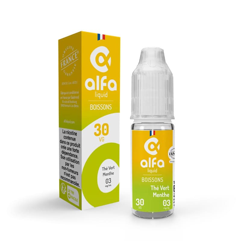 Flacon de 10ml d'e-liquide Alfaliquid Thé Vert Menthe avec sa boîte jaune et verte, design épuré et bouchon transparent.