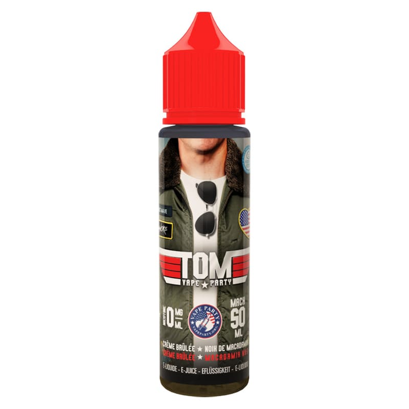 Flacon de 50 ml d'e-liquide Tom Vape Party Swoke avec bouchon rouge, étiquette style aviateur et visuel de crème brûlée.