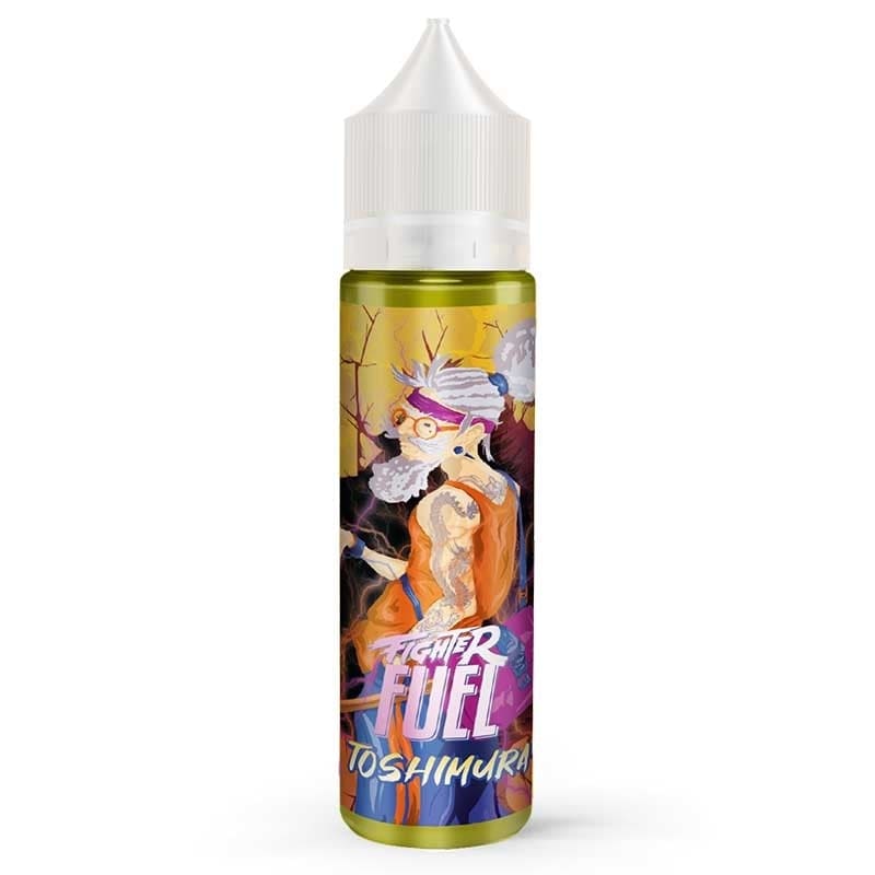 Flacon d'e-liquide Toshimura Fighter Fuel avec illustration de personnage manga sur fond jaune et liquide vert translucide.