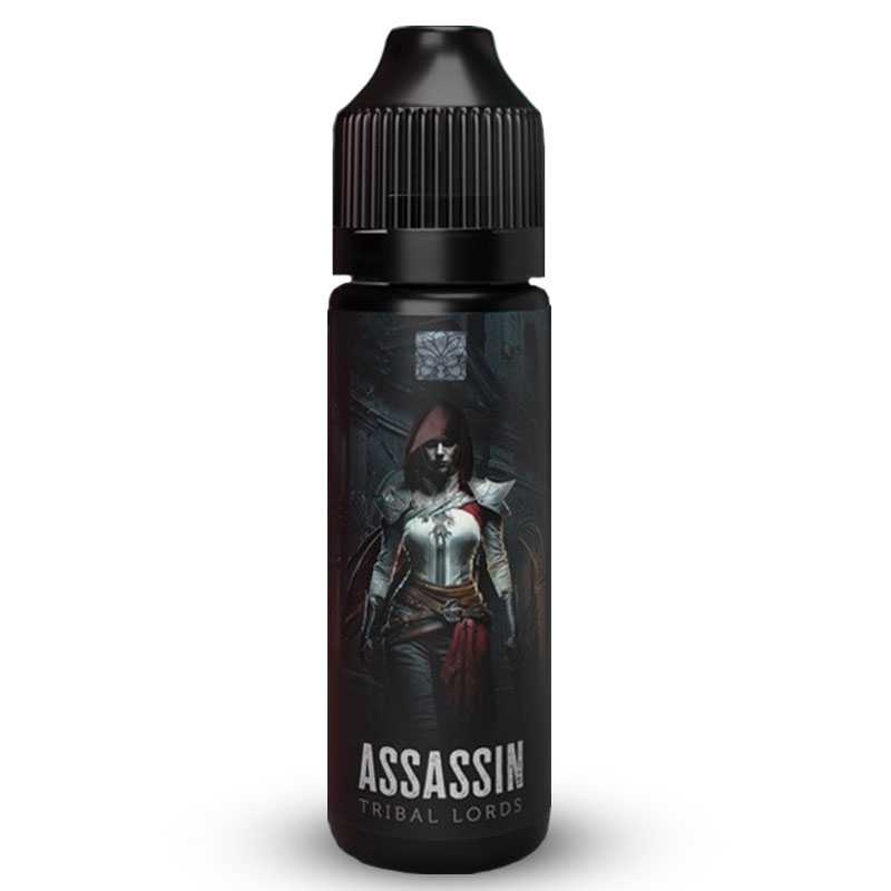 Flacon de 50ml d'e-liquide Tribal Lords Assassin par Tribal Force avec étiquette illustrée d'un personnage en capuche.