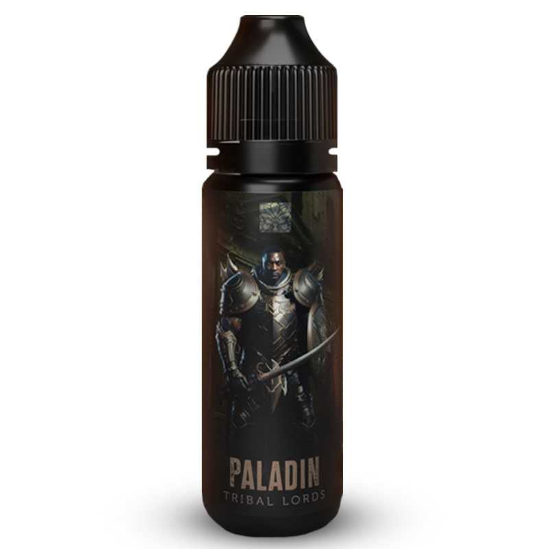 Flacon e-liquide 50ml Tribal Lords Paladin noir avec étiquette illustrée d'un chevalier en armure et bouchon sécurisé.