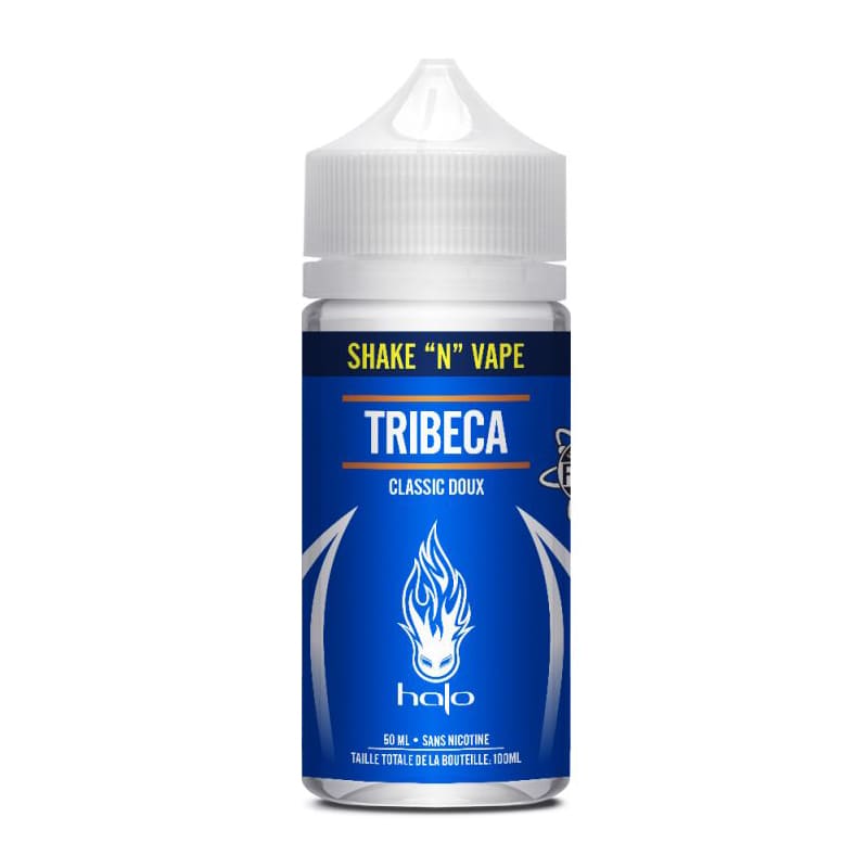 Flacon de 50ml d'e-liquide Halo Tribeca avec étiquette bleue, logo flamme blanc et bouchon transparent.