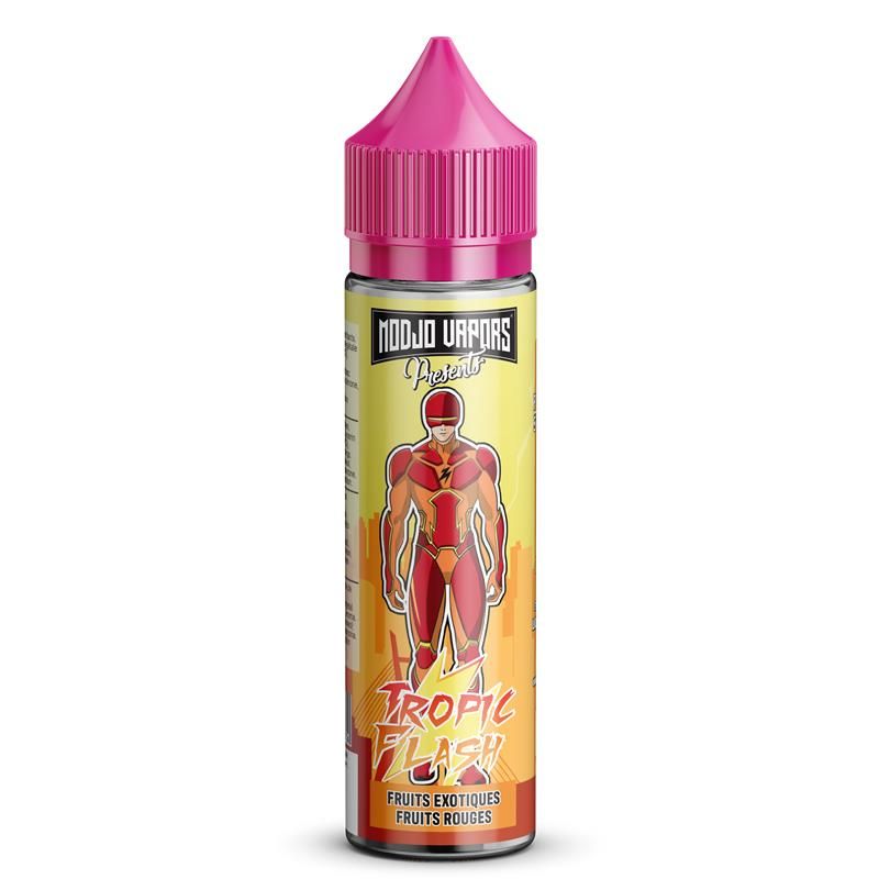 Flacon d'e-liquide Tropic Flash 50ml Modjo Vapors avec bouchon rose et illustration de super-héros sur fond jaune.