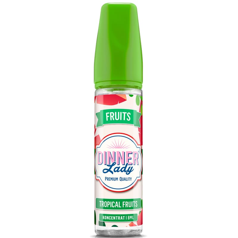 Flacon de 50ml d'e-liquide Dinner Lady Tropical Fruits avec bouchon vert et étiquette colorée à motifs tropicaux.