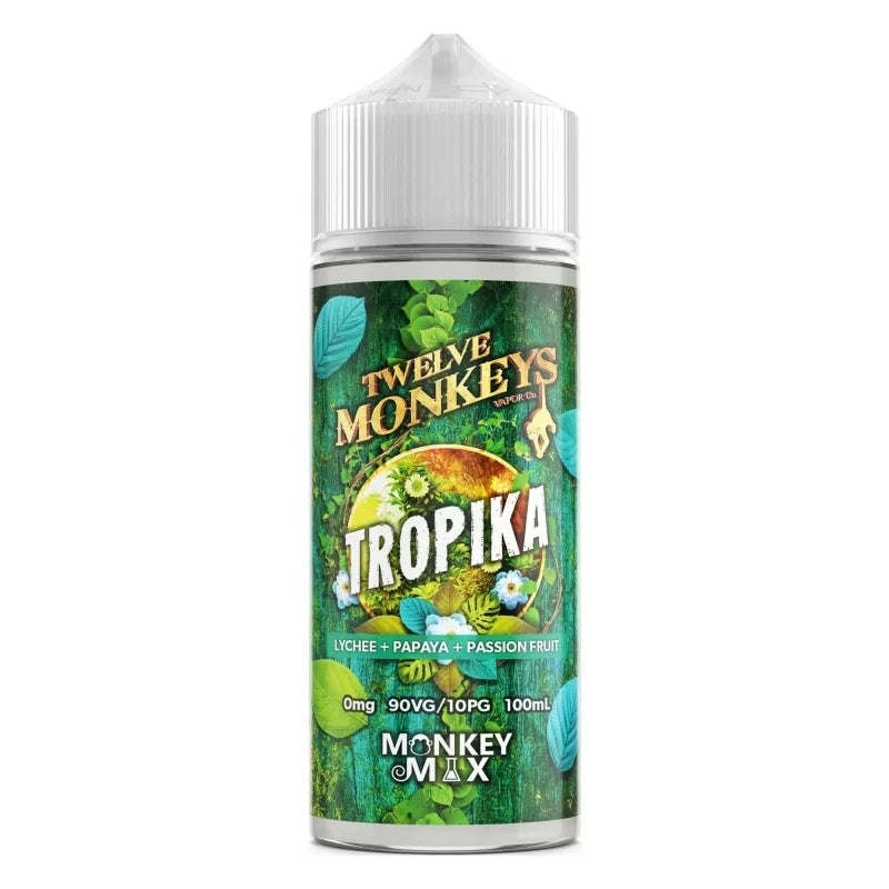 Flacon de e-liquide Twelve Monkeys Tropika 100ml avec étiquette tropicale illustrée de litchi, papaye et fruit de la passion.