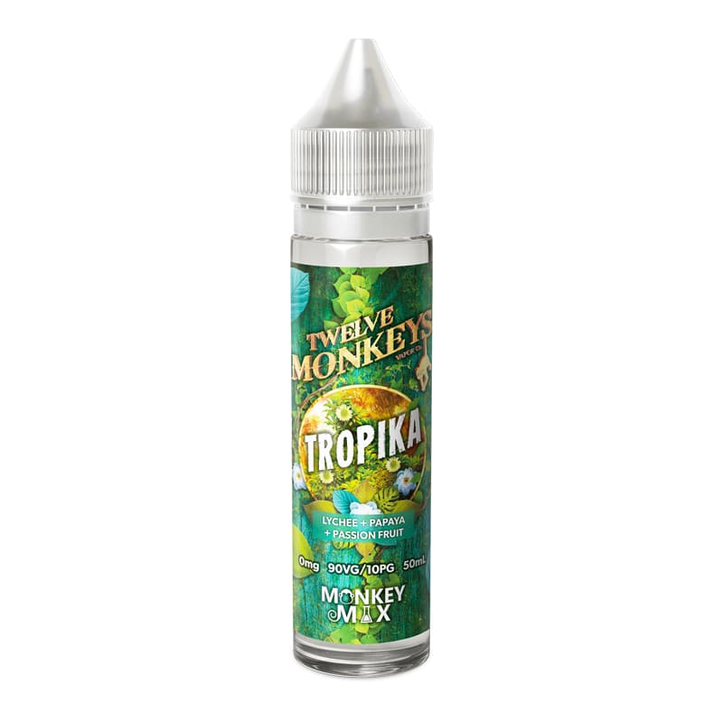 Flacon de 50ml d'e-liquide Tropika Twelve Monkeys avec étiquette tropicale illustrée de litchi, papaye et fruit de la passion.