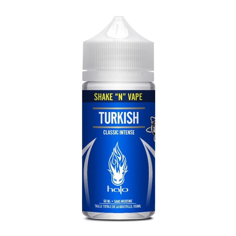 Flacon de 50 ml d'e-liquide Halo Turkish avec étiquette bleue, logo flamme blanc et bouchon transparent.