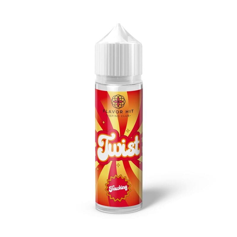 Flacon de 50ml Flavor Hit Twist Hawking avec étiquette rouge et jaune, bouchon blanc et design fruité dynamique.