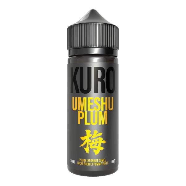 Flacon d'e-liquide Kuro Umeshu Plum 80ml noir avec étiquette minimaliste et typographie jaune vif.