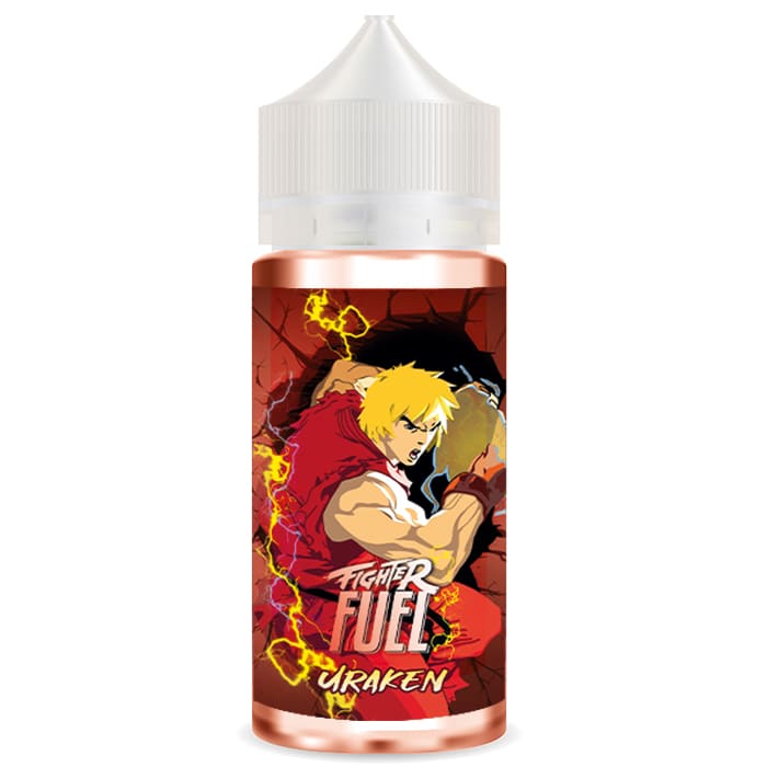 Flacon de e-liquide Fighter Fuel Uraken avec illustration de combattant style manga sur fond rouge et éclairs jaunes.