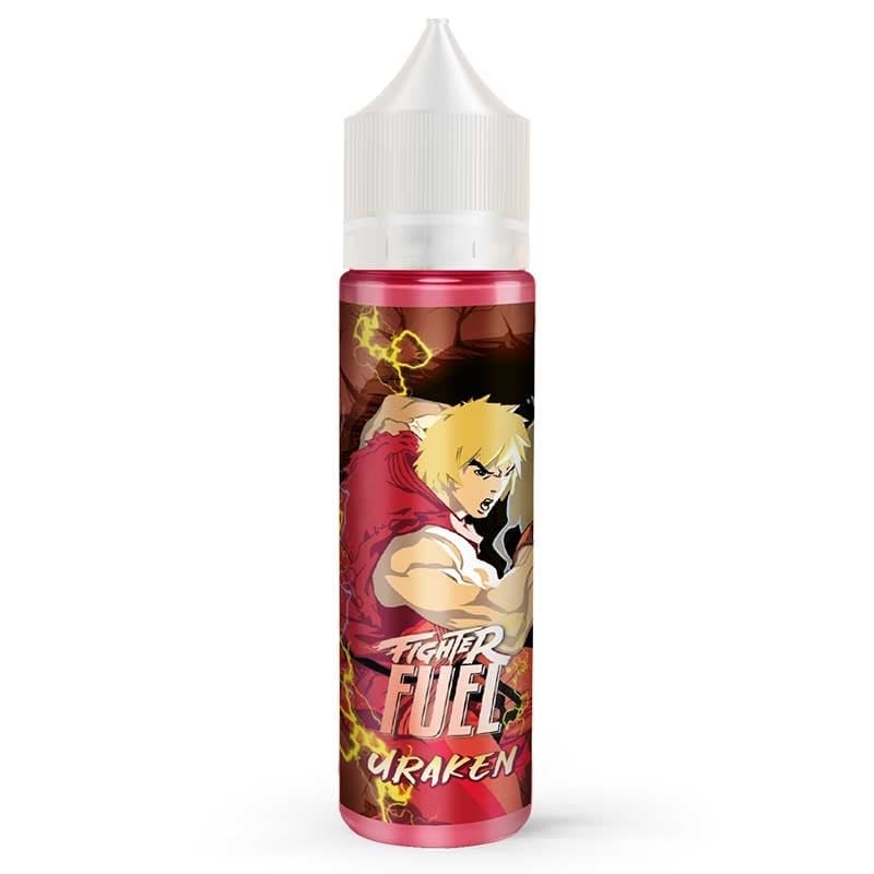 Flacon de e-liquide Uraken Fighter Fuel avec illustration style manga, liquide rose et bouchon blanc sur fond blanc.