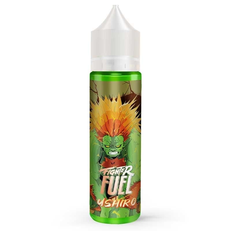 Flacon de e-liquide Fighter Fuel Ushiro avec étiquette illustrée d'un personnage manga vert et cheveux orange sur fond blanc.