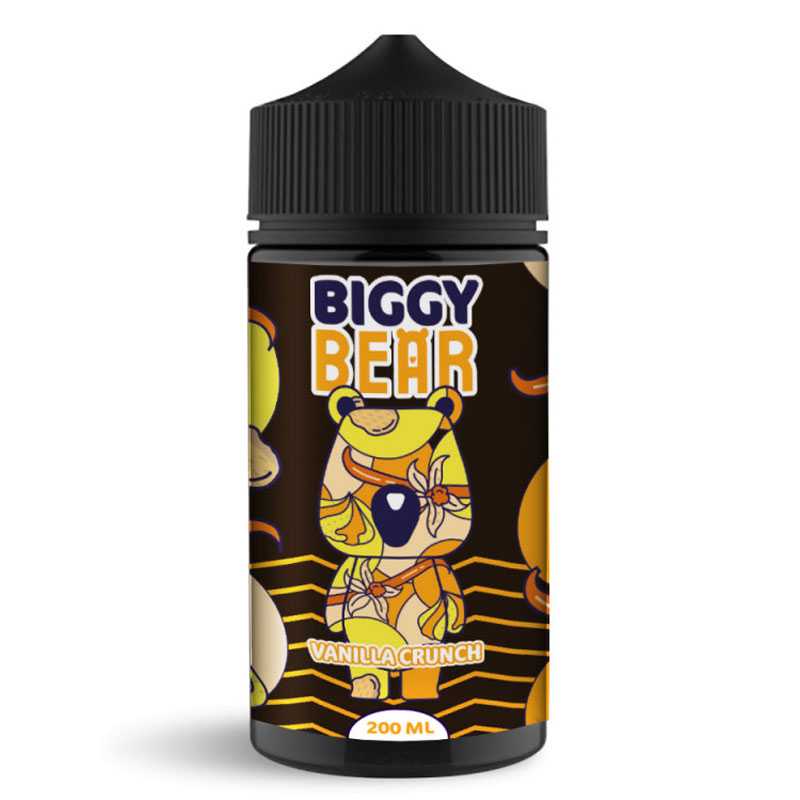 Flacon d'e-liquide Biggy Bear Vanilla Crunch 200ml avec étiquette illustrée d'un ours jaune sur fond noir.