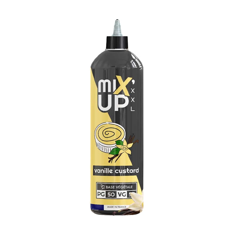 Flacon d'e-liquide Mix'Up XXL 1L Vanille Custard avec étiquette jaune et noire, design crème vanillée, fabriqué en France.