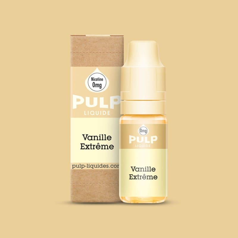 Flacon d'e-liquide 10ml PULP Vanille Extrême avec son étui en carton beige sur fond crème.