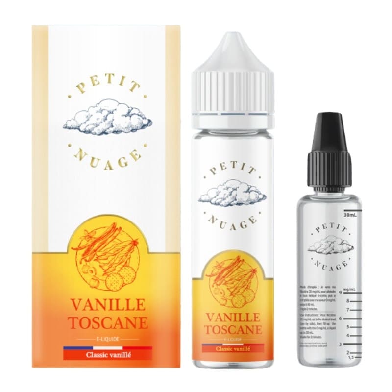 Flacon d'e-liquide Petit Nuage Vanille Toscane 50ml avec boîte et fiole graduée de 30ml sur fond blanc.