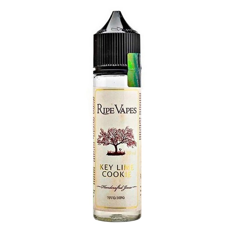 Flacon unicorn de 50ml Ripe Vapes VCT Key Lime Cookie avec étiquette crème, logo arbre et bouchon noir sécurité enfant.