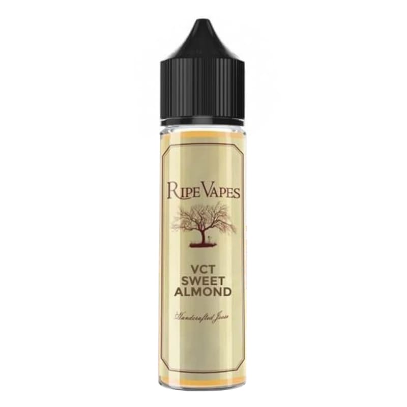 Flacon de 50ml Ripe Vapes VCT Sweet Almond avec étiquette crème, logo arbre et bouchon noir sur fond blanc.