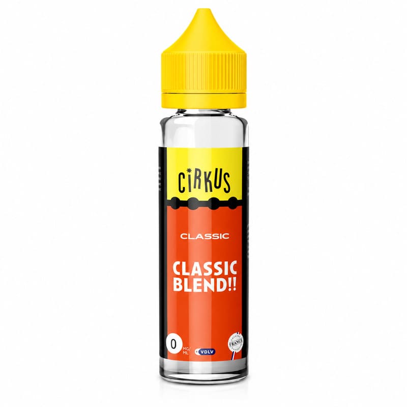 Flacon de 50 ml d'e-liquide Cirkus Classic Blend avec étiquette orange et jaune et bouchon jaune vif sur fond blanc.