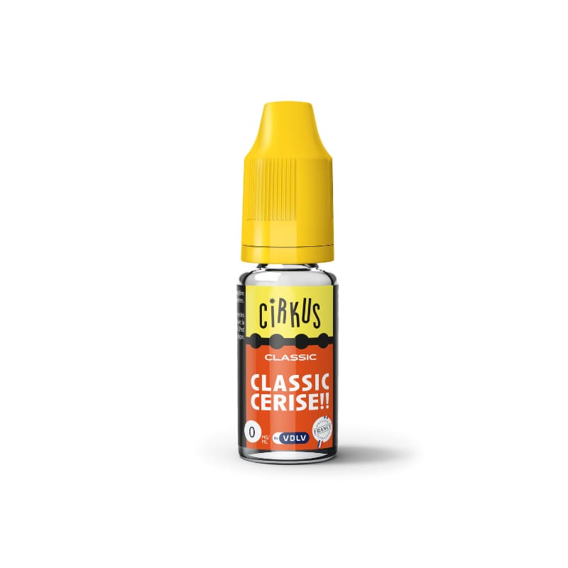 Flacon de 10ml d'e-liquide VDLV Cirkus Classic Cerise avec bouchon jaune et étiquette rouge et noire.
