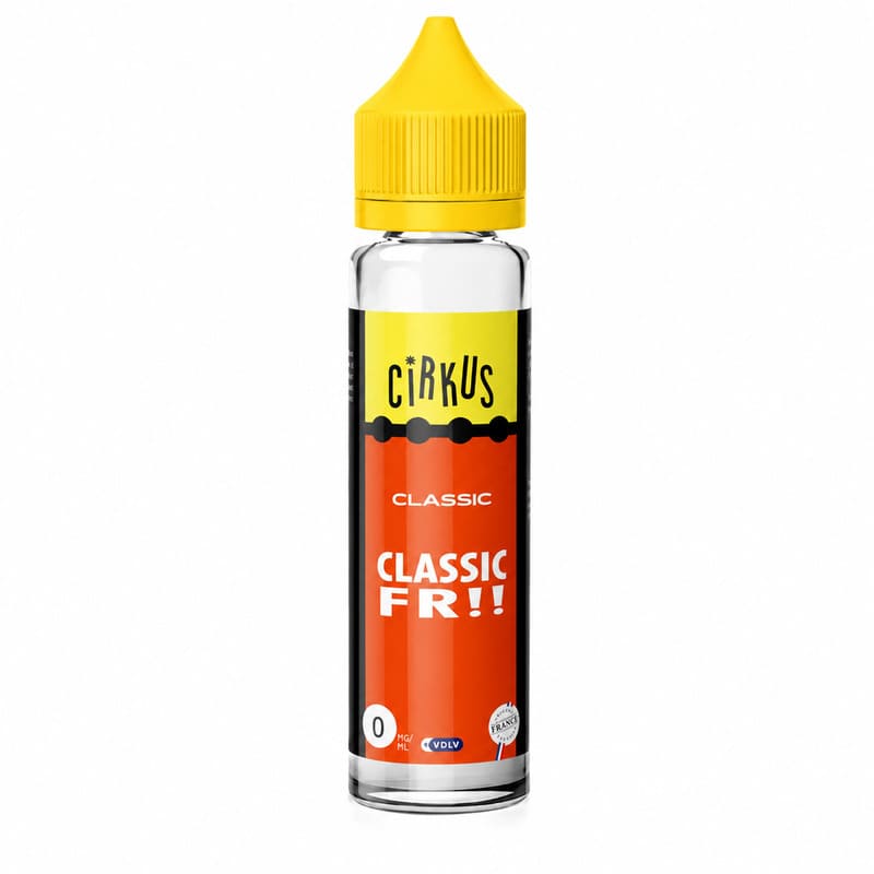 Flacon de 50 ml d'e-liquide Cirkus Classic FR avec bouchon jaune, étiquette rouge et noire sur fond blanc.