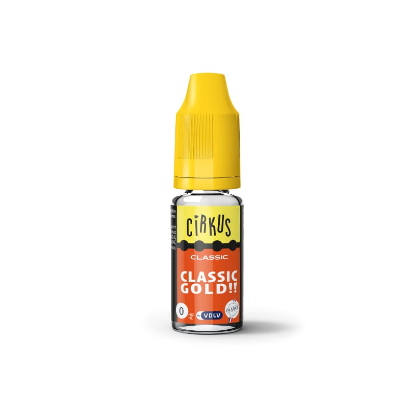 Flacon de 10 ml d'e-liquide VDLV Cirkus Classic Gold avec bouchon jaune et étiquette orange et noire.