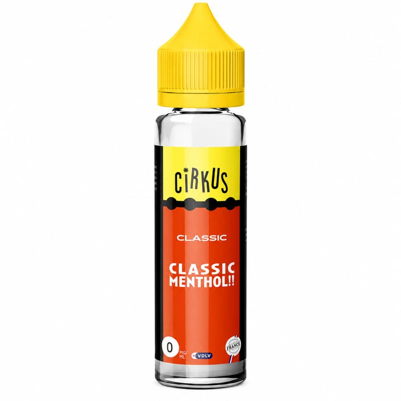 Flacon de 50ml d'e-liquide Cirkus Classic Menthol avec bouchon jaune, étiquette rouge et noire sur fond blanc.