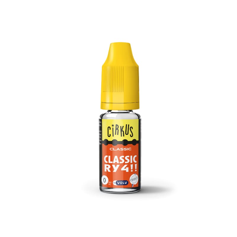 Flacon de 10 ml d'e-liquide VDLV Cirkus Classic RY4 avec bouchon jaune et étiquette orange et noire.