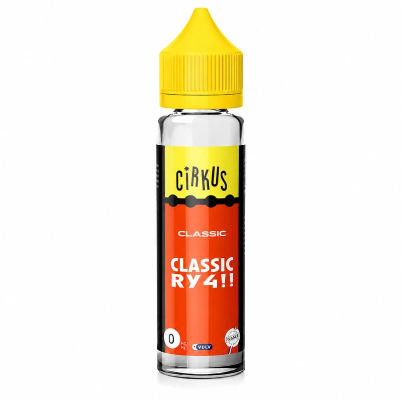 Flacon d'e-liquide Cirkus Classic RY4 50ml avec étiquette rouge et jaune, bouchon jaune et logo VDLV sur fond blanc.
