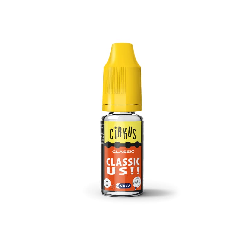 Flacon de 10 ml d'e-liquide VDLV Cirkus Classic US avec bouchon jaune et étiquette orange et noire.