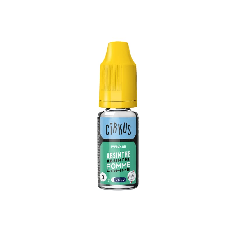 Flacon d'e-liquide VDLV Cirkus Absinthe Pomme 10ml avec bouchon jaune et étiquette aux tons vert menthe et bleu.