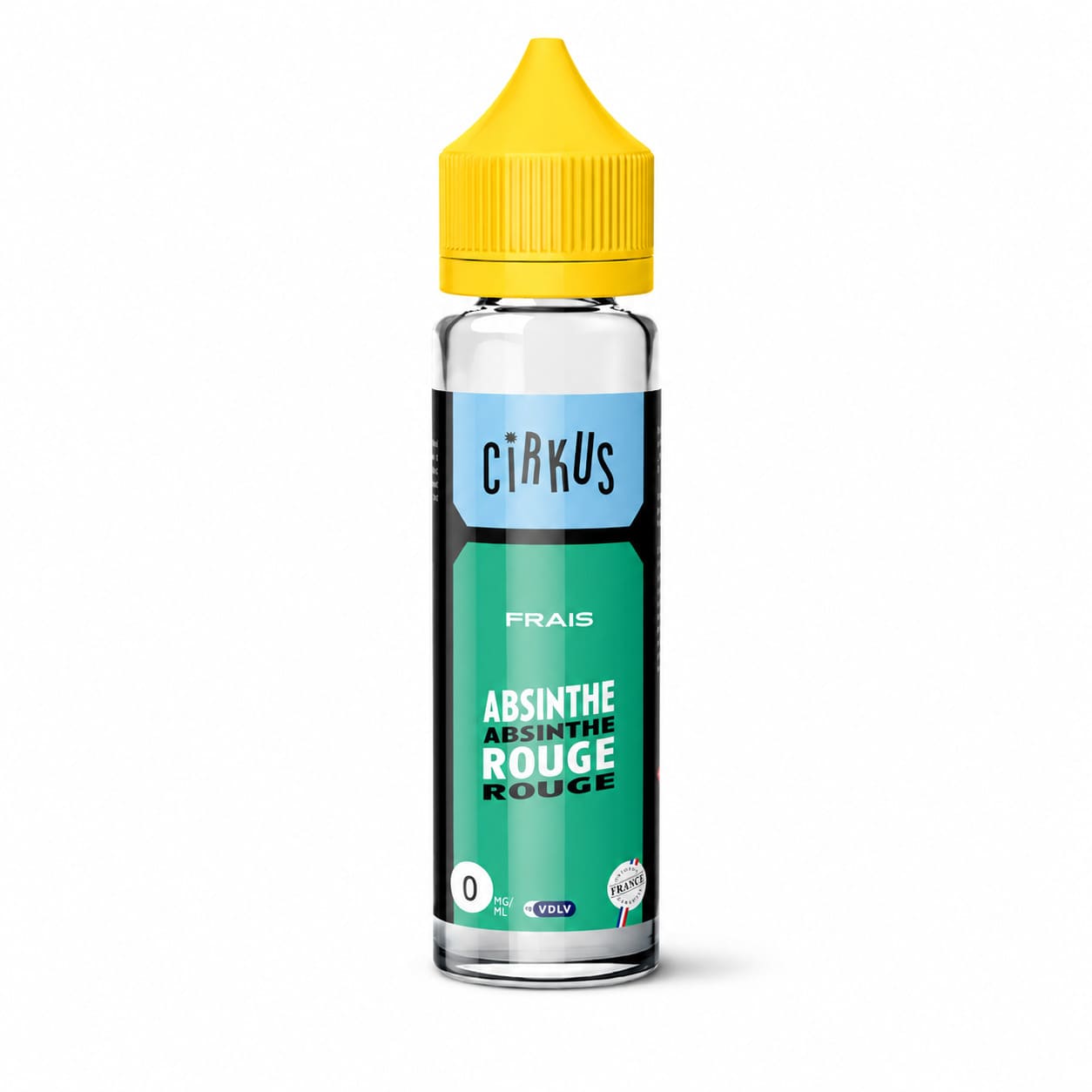 Flacon d'e-liquide VDLV Cirkus Absinthe Rouge 50ml avec bouchon jaune, étiquette bleue et verte sur fond blanc.