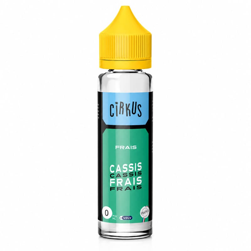 Flacon d'e-liquide VDLV Cirkus Cassis Frais 50ml avec bouchon jaune, étiquette bleue et verte sur fond blanc.