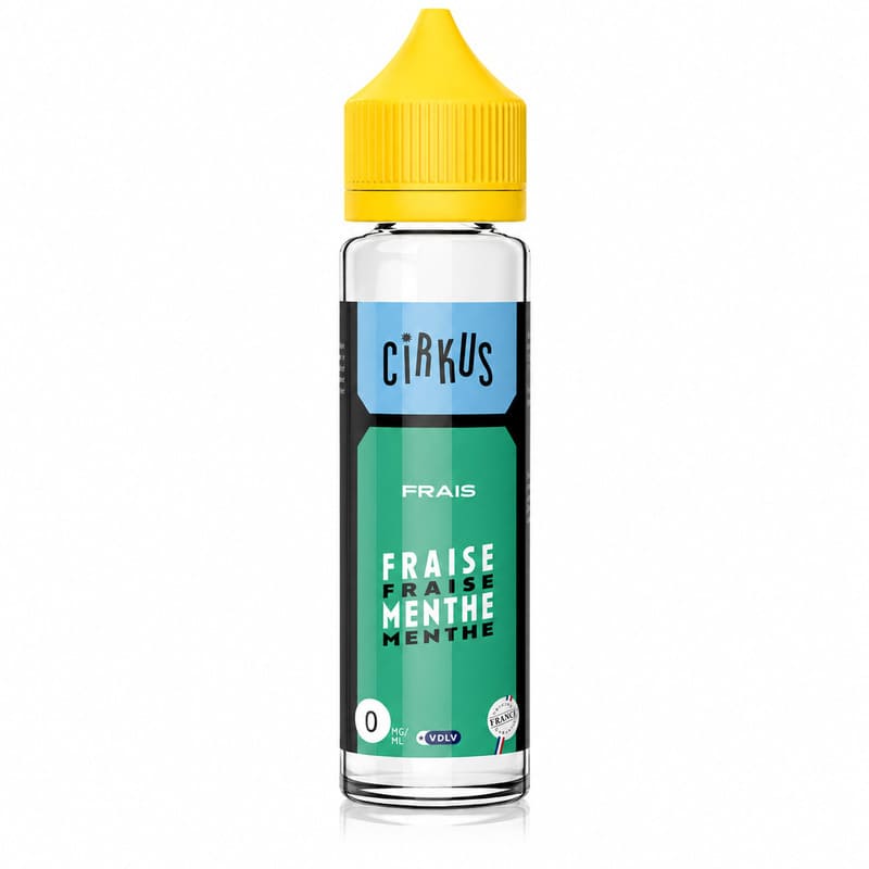 Flacon d'e-liquide Cirkus Fraise Menthe 50ml avec étiquette verte et bleue et bouchon jaune sur fond blanc.
