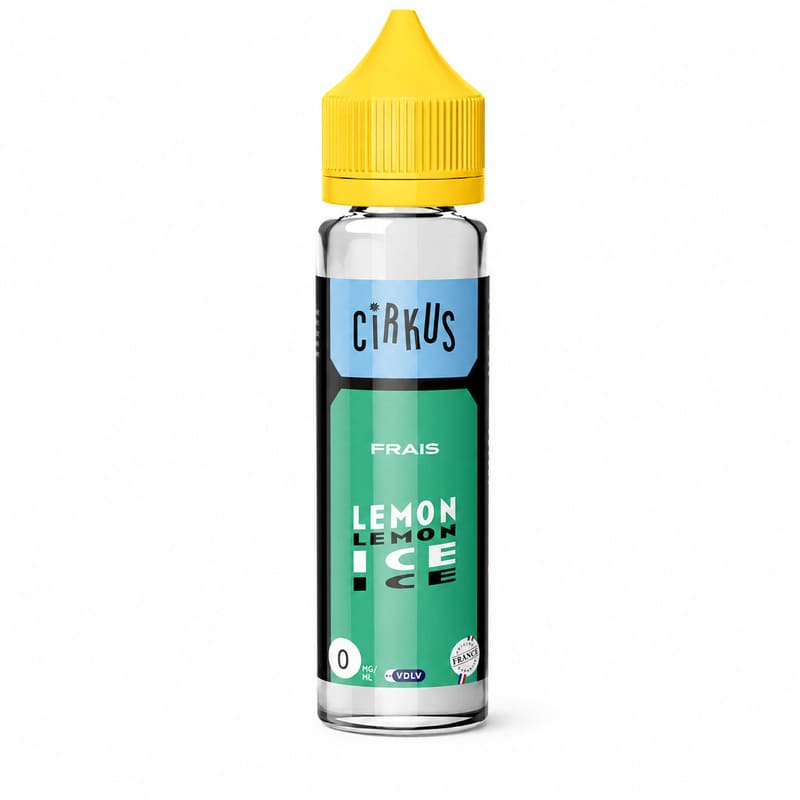 Flacon d'e-liquide Cirkus Lemon Ice 50ml avec bouchon jaune, étiquette verte et bleue sur fond blanc.